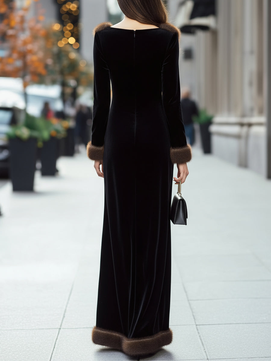 Olivia Bennet | Luxurious Black Velvet Gown With Faux Fur Trim