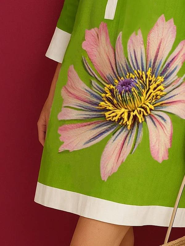 Olivia Bennet | Loose Three-Quarter Sleeves Buttoned Contrast Color Flower Print Lapel Mini Dresses