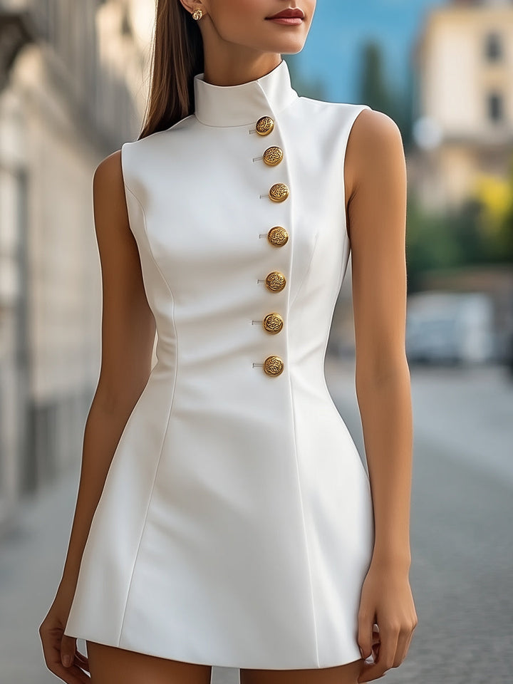 Olivia Bennet | Gold-Button High-Collar Satin Sheath Dress