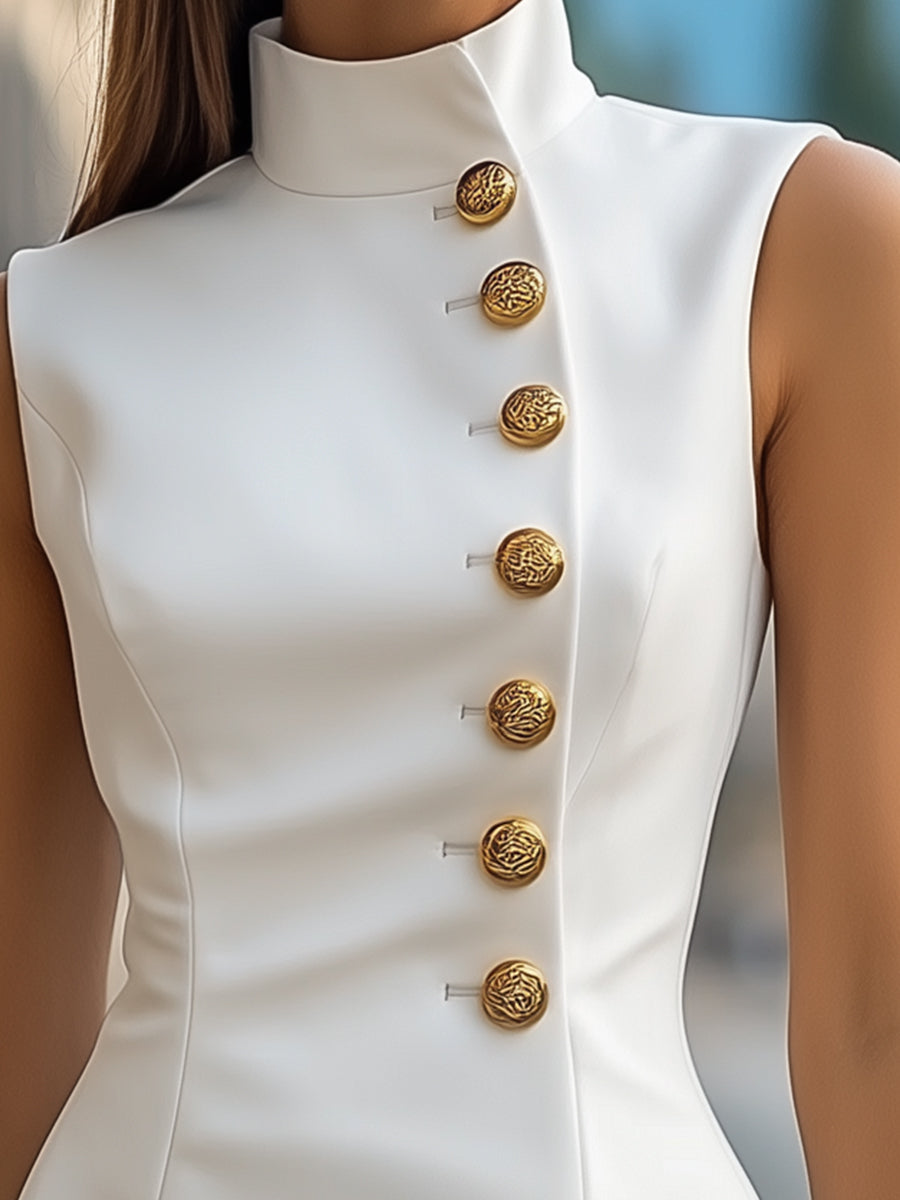 Olivia Bennet | Gold-Button High-Collar Satin Sheath Dress