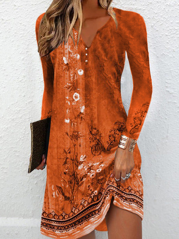 Olivia Bennet | Long Sleeves Loose Floral Printed V-neck Maxi Dresses Mini Dresses