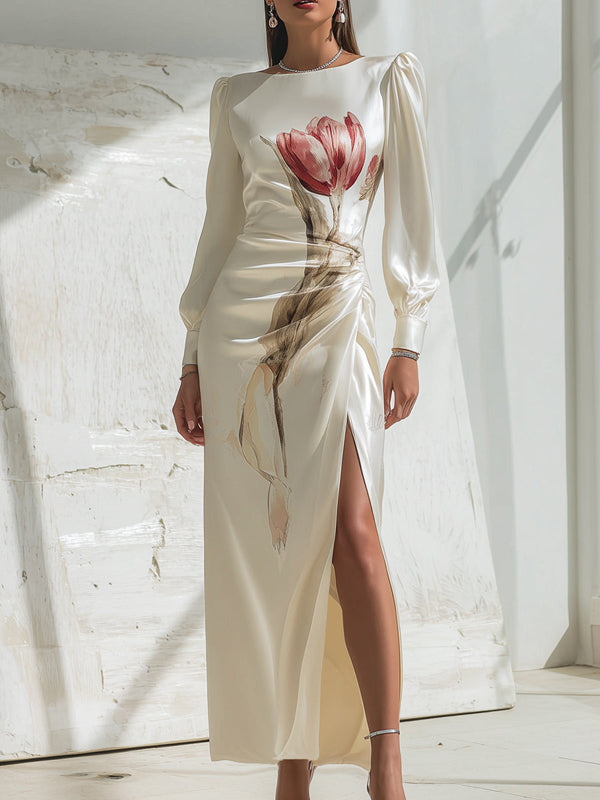 Olivia Bennet | Long Sleeves Flower Print Pleated Split-Side Round-Neck Maxi Dresses