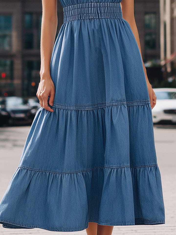 Olivia Bennet | Halter-Neck Tiered Denim Maxi Dress