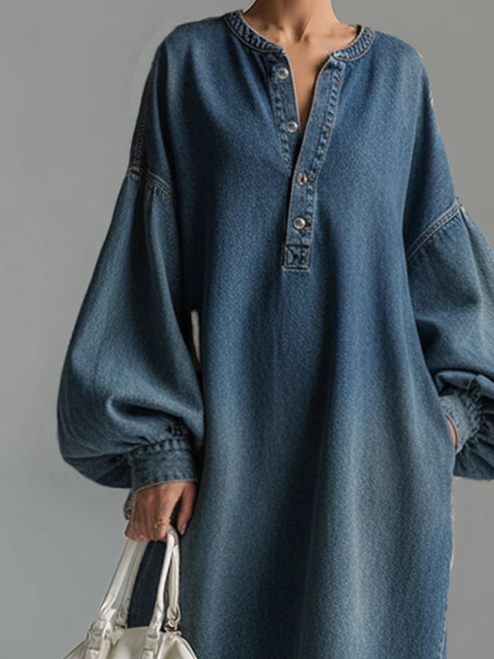 Olivia Bennet | Long Sleeves Loose Buttoned Pockets Solid Color V-Neck Maxi Dresses