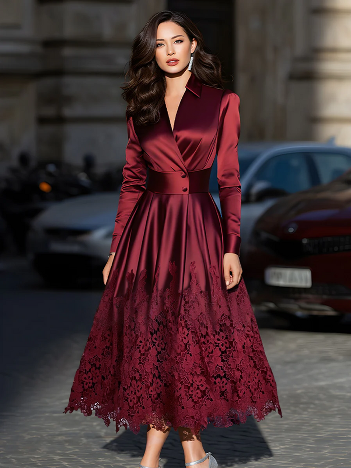 Olivia Bennet | Burgundy Satin Belted Midi Dress With Lace Hem