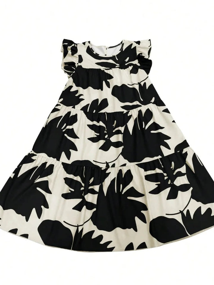 Olivia Bennet | Loose Ruffle Sleeves Flower Print Pleated Round-Neck Midi Dresses