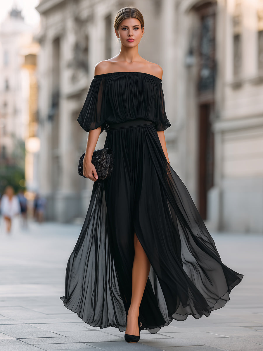 Olivia Bennet | Off-Shoulder Pleated Chiffon Maxi Dress