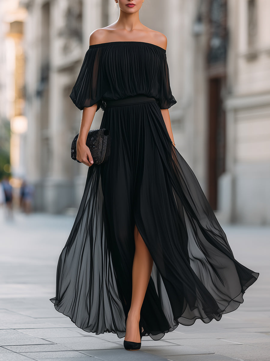 Olivia Bennet | Off-Shoulder Pleated Chiffon Maxi Dress