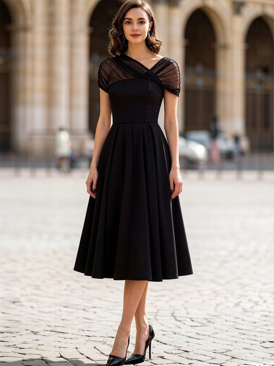 Olivia Bennet | Black Sheer Tulle Cap Sleeve Pleated Fit-and-Flare Midi Dress