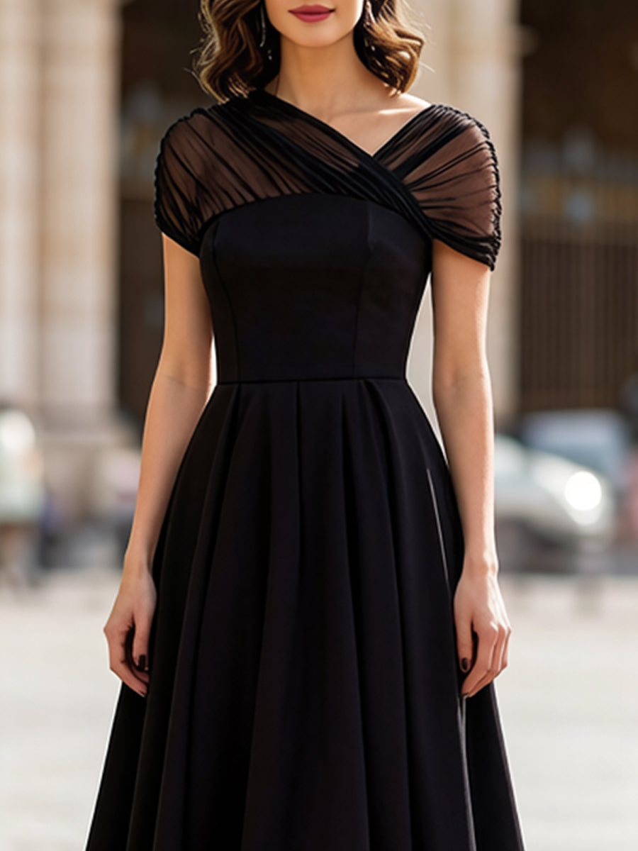 Olivia Bennet | Black Sheer Tulle Cap Sleeve Pleated Fit-and-Flare Midi Dress