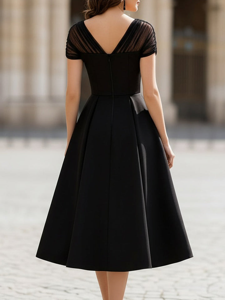 Olivia Bennet | Black Sheer Tulle Cap Sleeve Pleated Fit-and-Flare Midi Dress