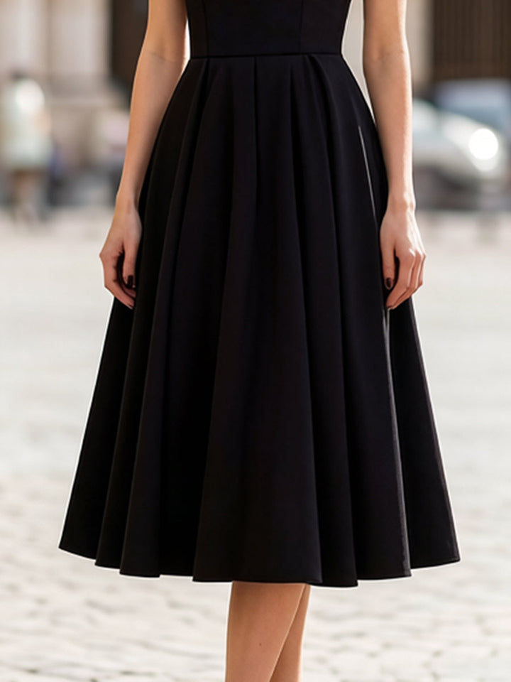 Olivia Bennet | Black Sheer Tulle Cap Sleeve Pleated Fit-and-Flare Midi Dress