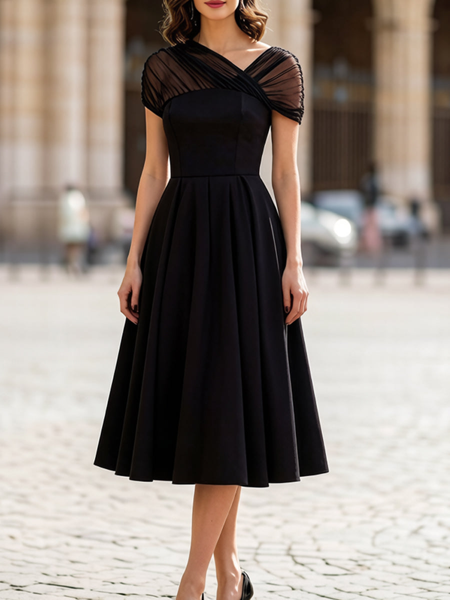 Olivia Bennet | Black Sheer Tulle Cap Sleeve Pleated Fit-and-Flare Midi Dress