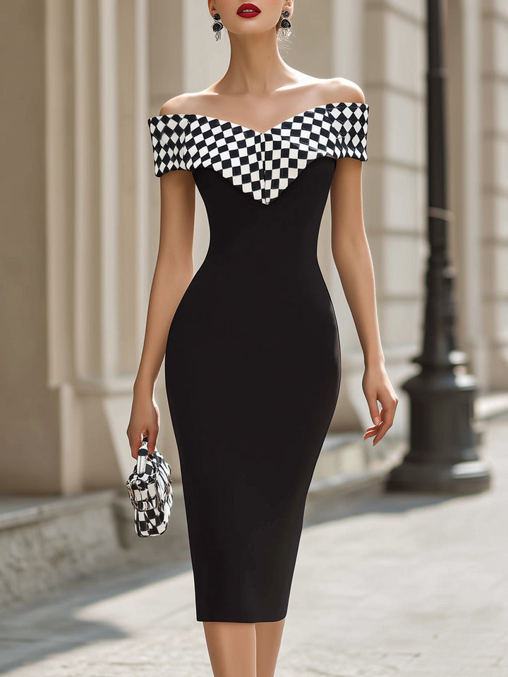 Olivia Bennet | Chic Black & White Checkered Off-Shoulder Bodycon Midi Dress