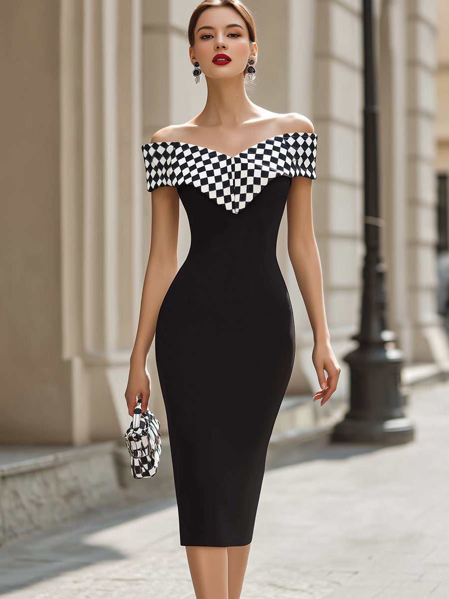 Olivia Bennet | Chic Black & White Checkered Off-Shoulder Bodycon Midi Dress
