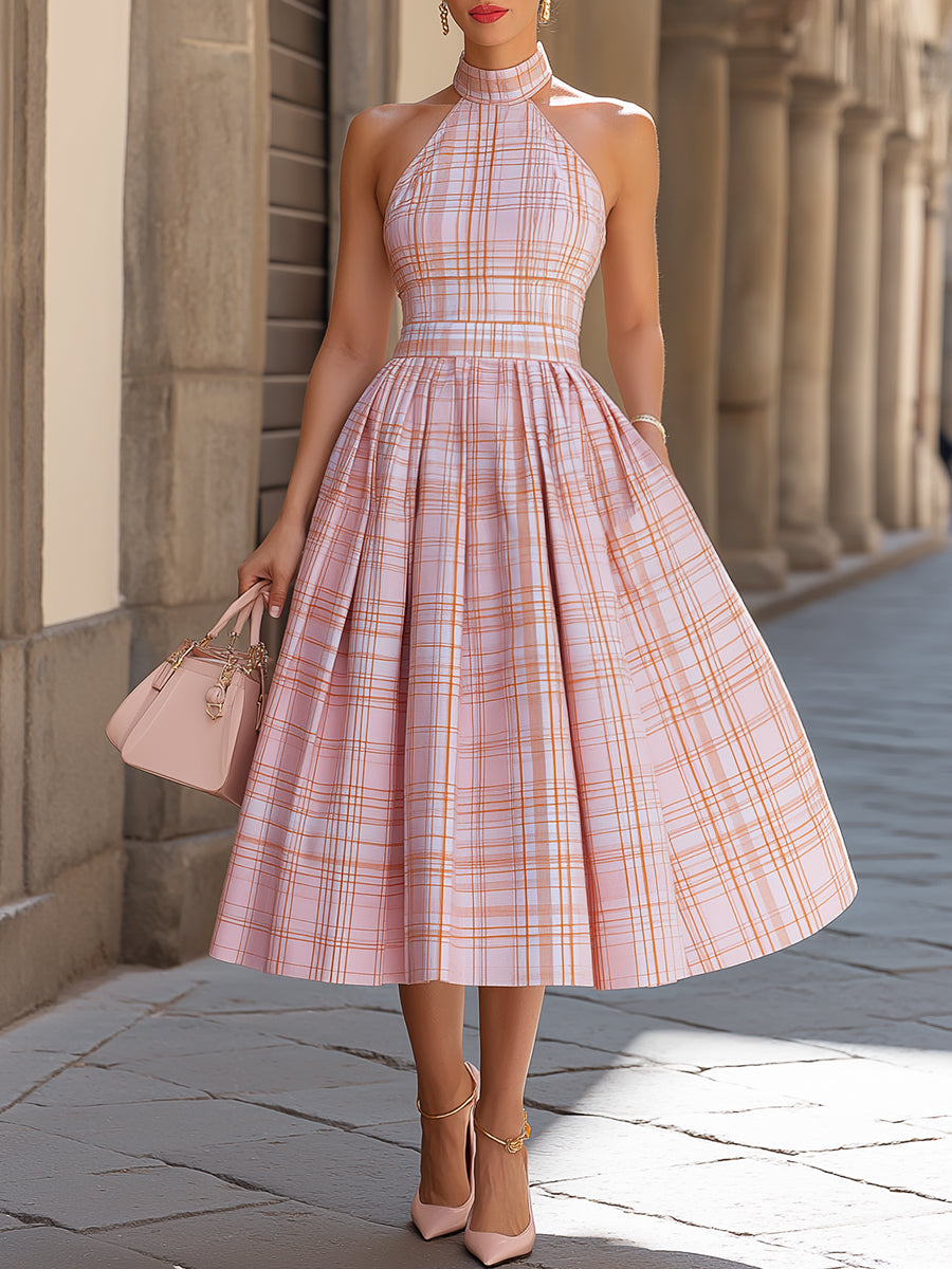 Olivia Bennet | Halter High-Neck Plaid A-Line Midi Dress