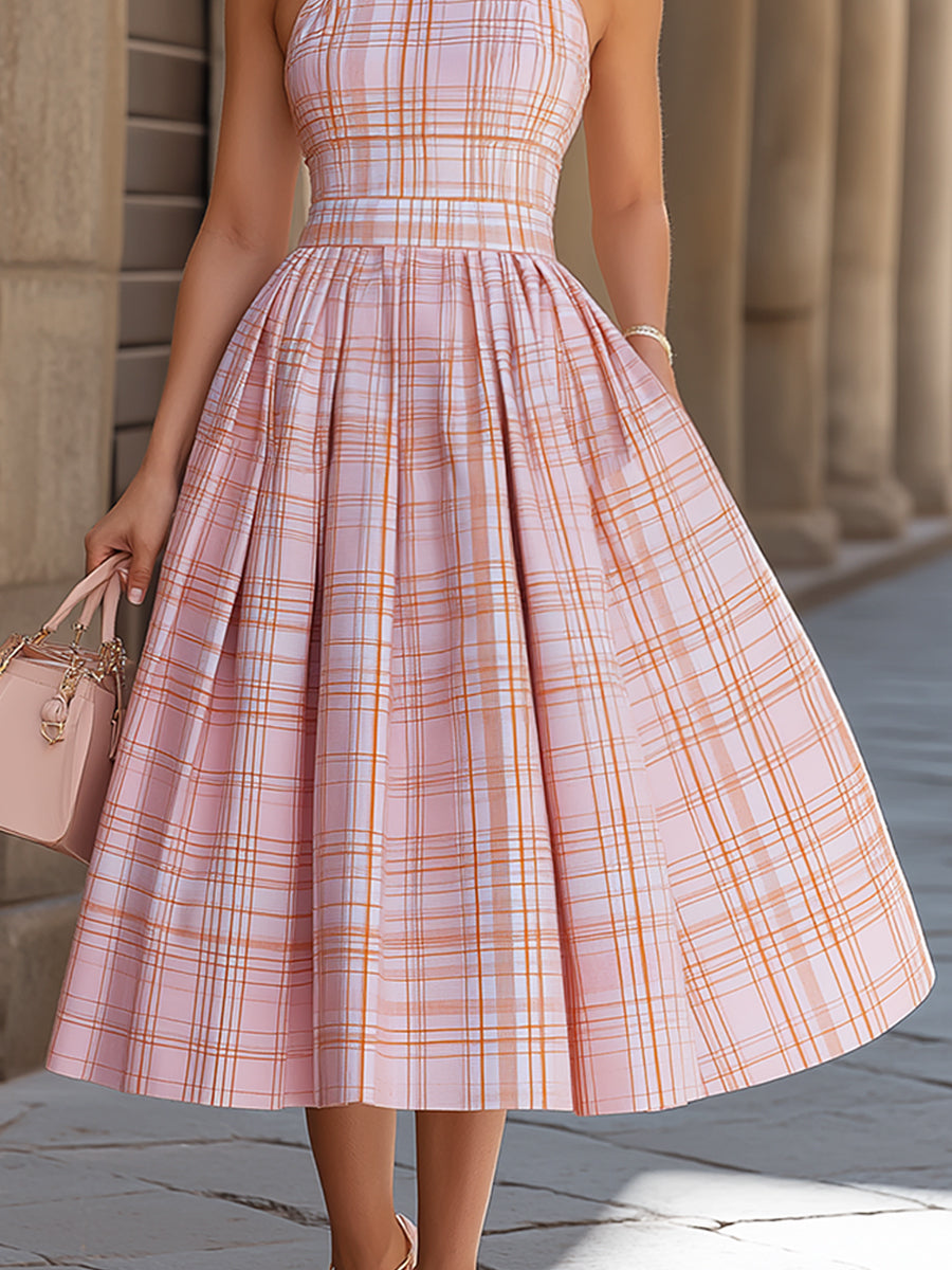 Olivia Bennet | Halter High-Neck Plaid A-Line Midi Dress