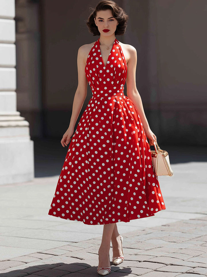 Olivia Bennet | Halter V-Neck Polka Dot A-Line Midi Dress
