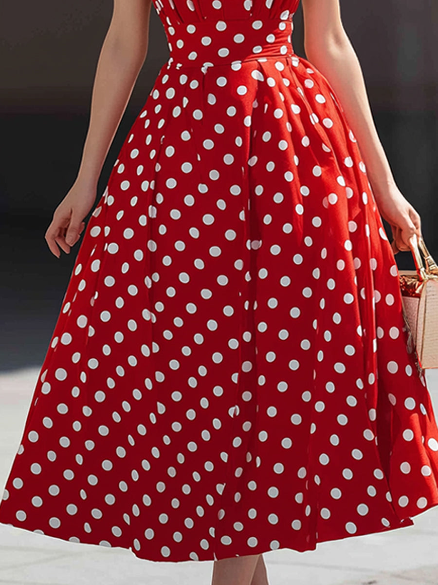 Olivia Bennet | Halter V-Neck Polka Dot A-Line Midi Dress
