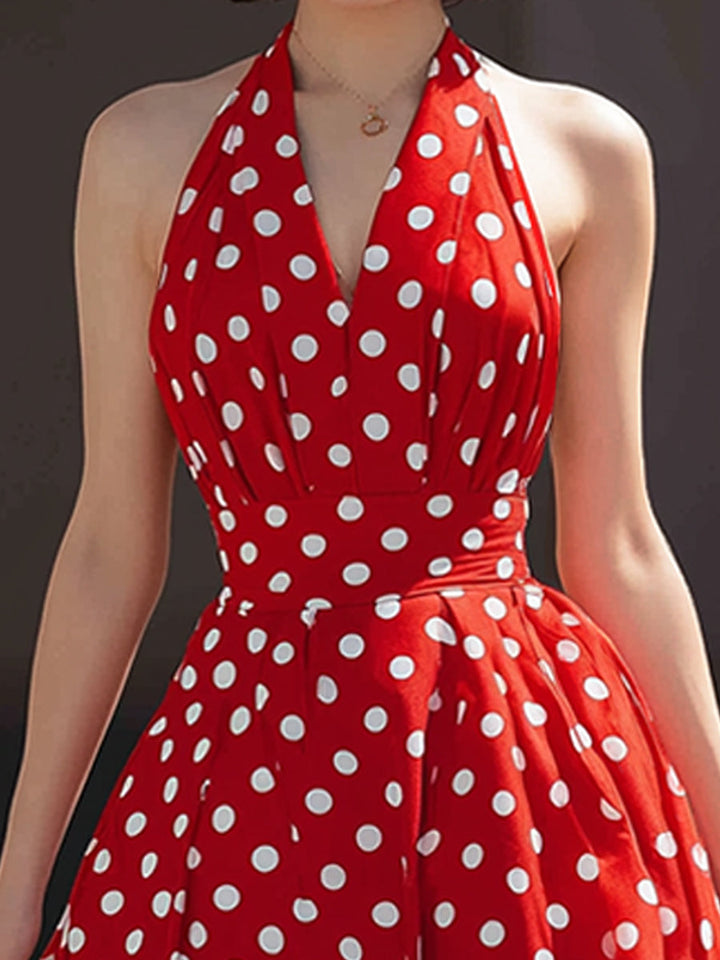 Olivia Bennet | Halter V-Neck Polka Dot A-Line Midi Dress