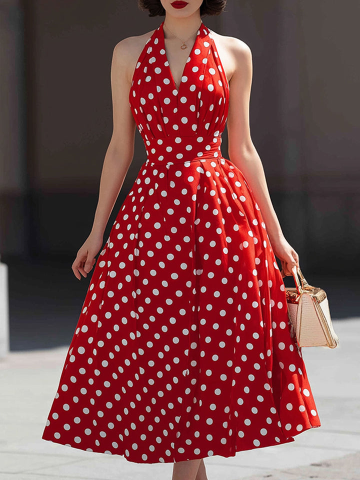Olivia Bennet | Halter V-Neck Polka Dot A-Line Midi Dress