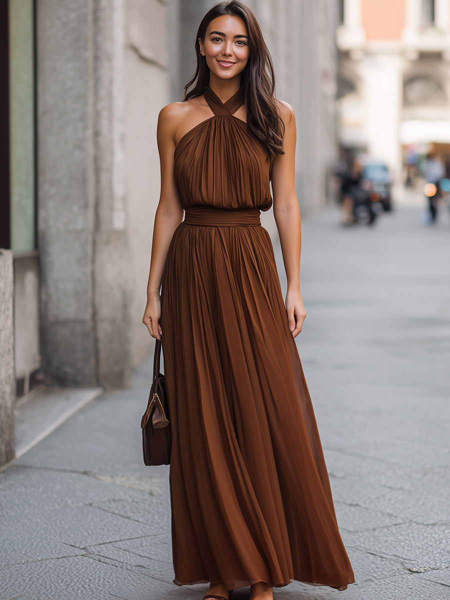 Olivia Bennet | Cross Halter Pleated Waist Flowing Maxi Dress
