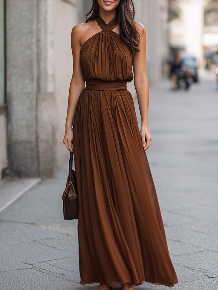 Olivia Bennet | Cross Halter Pleated Waist Flowing Maxi Dress