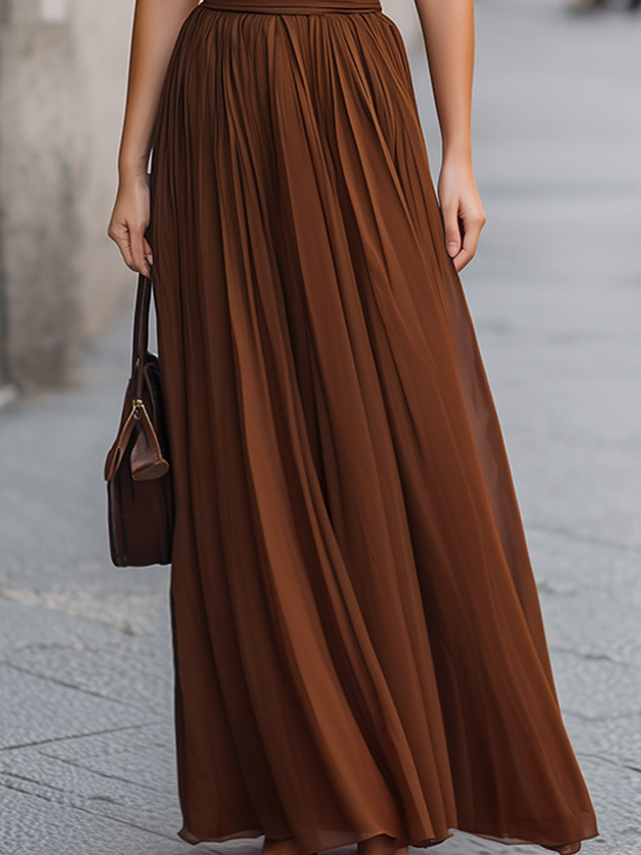 Olivia Bennet | Cross Halter Pleated Waist Flowing Maxi Dress