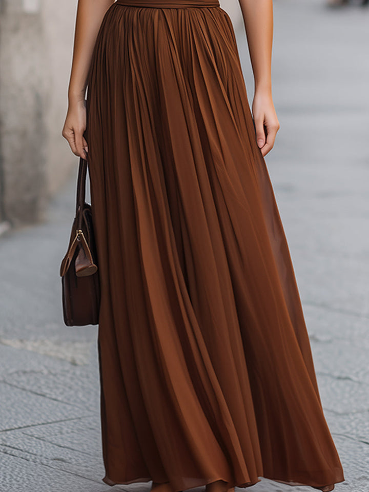 Olivia Bennet | Cross Halter Pleated Waist Flowing Maxi Dress