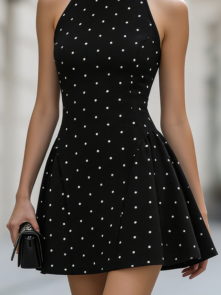 Olivia Bennet | Elegant Polka Dot Halter Neck Sleeveless Flared Mini Dress