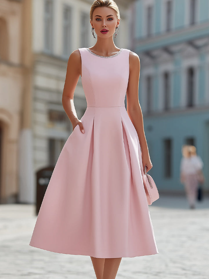 Olivia Bennet | Elegant Sleeveless Rhinestone Neckline Fit & Flare Midi Cocktail Dress