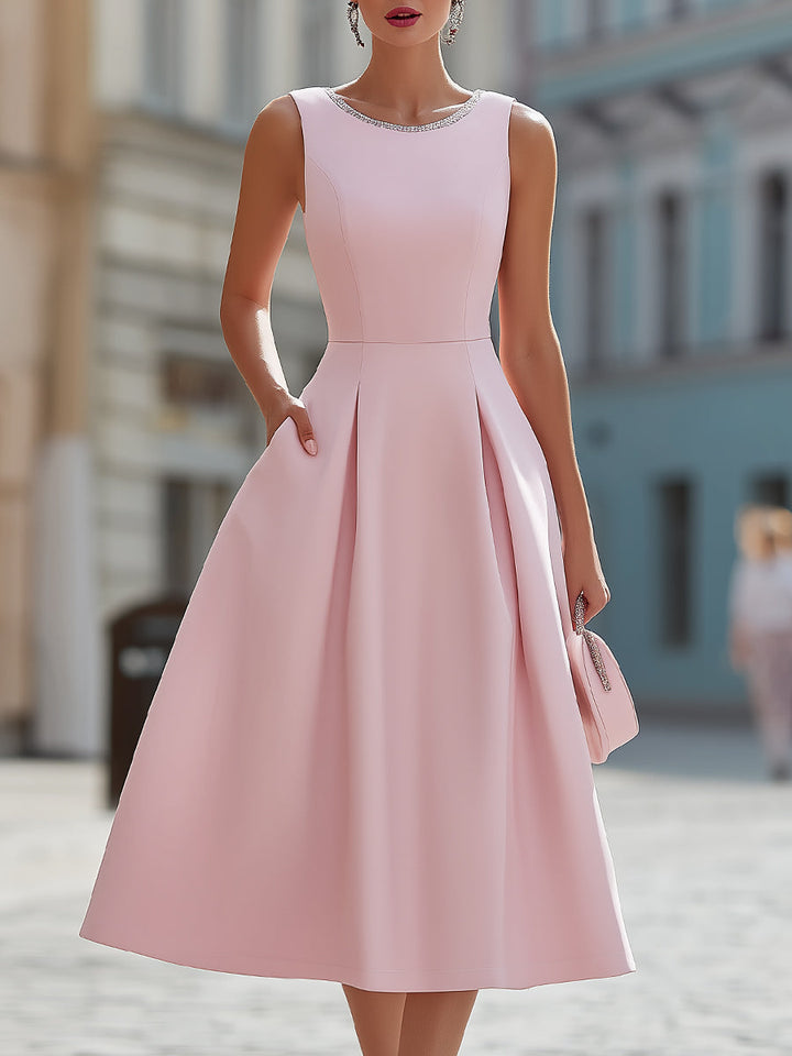 Olivia Bennet | Elegant Sleeveless Rhinestone Neckline Fit & Flare Midi Cocktail Dress