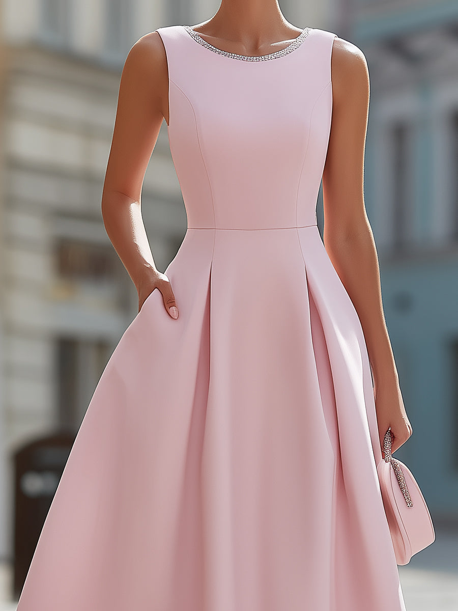 Olivia Bennet | Elegant Sleeveless Rhinestone Neckline Fit & Flare Midi Cocktail Dress