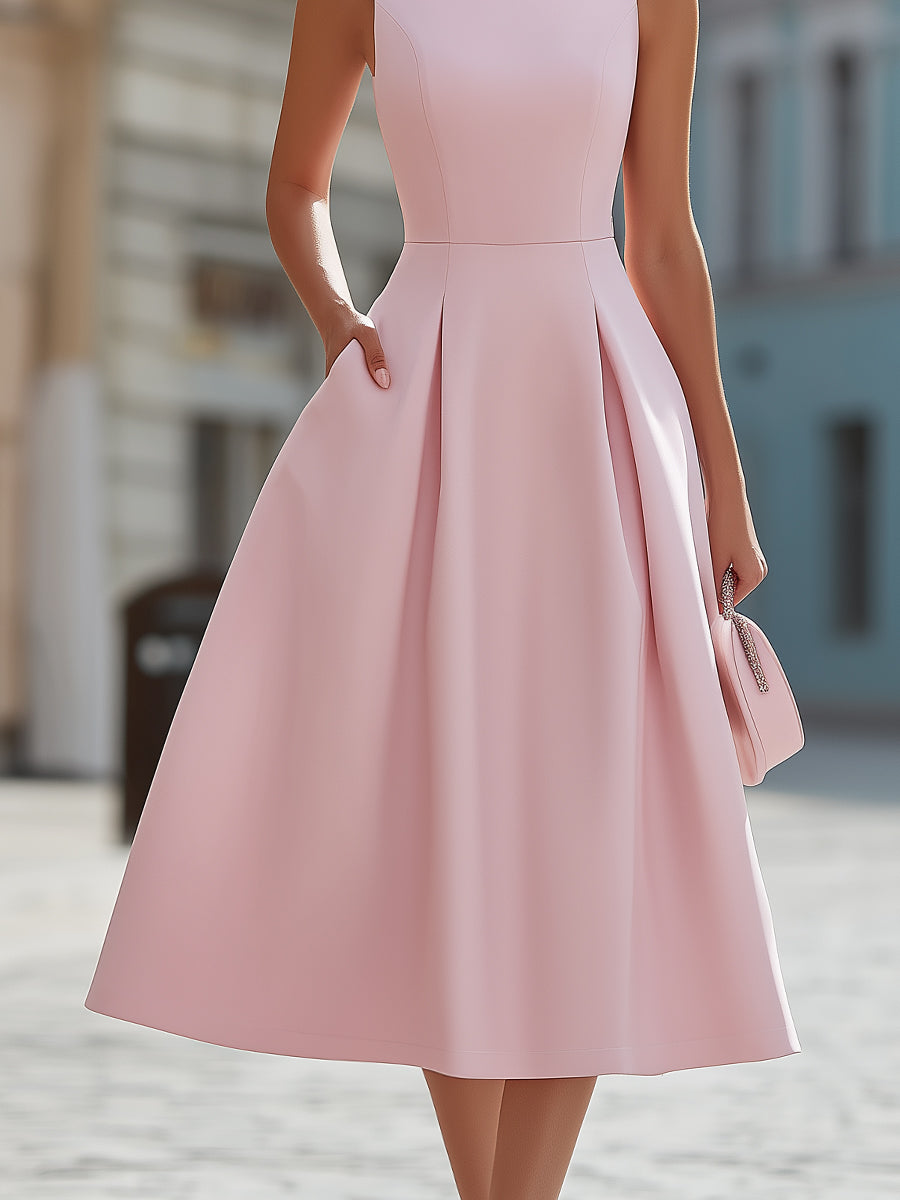 Olivia Bennet | Elegant Sleeveless Rhinestone Neckline Fit & Flare Midi Cocktail Dress