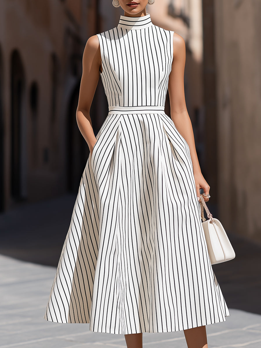 Olivia Bennet | Elegant Pinstripe High Neck Sleeveless Fit & Flare Midi Dress