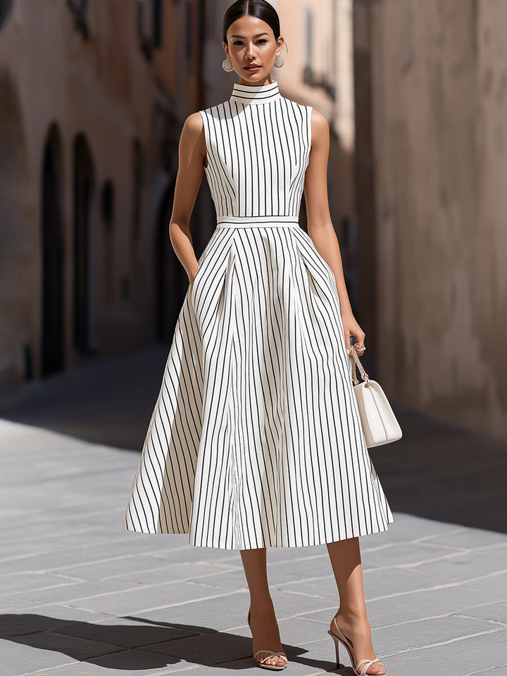 Olivia Bennet | Elegant Pinstripe High Neck Sleeveless Fit & Flare Midi Dress