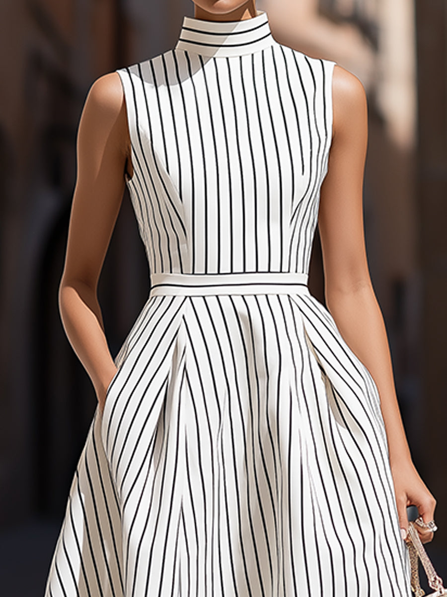 Olivia Bennet | Elegant Pinstripe High Neck Sleeveless Fit & Flare Midi Dress