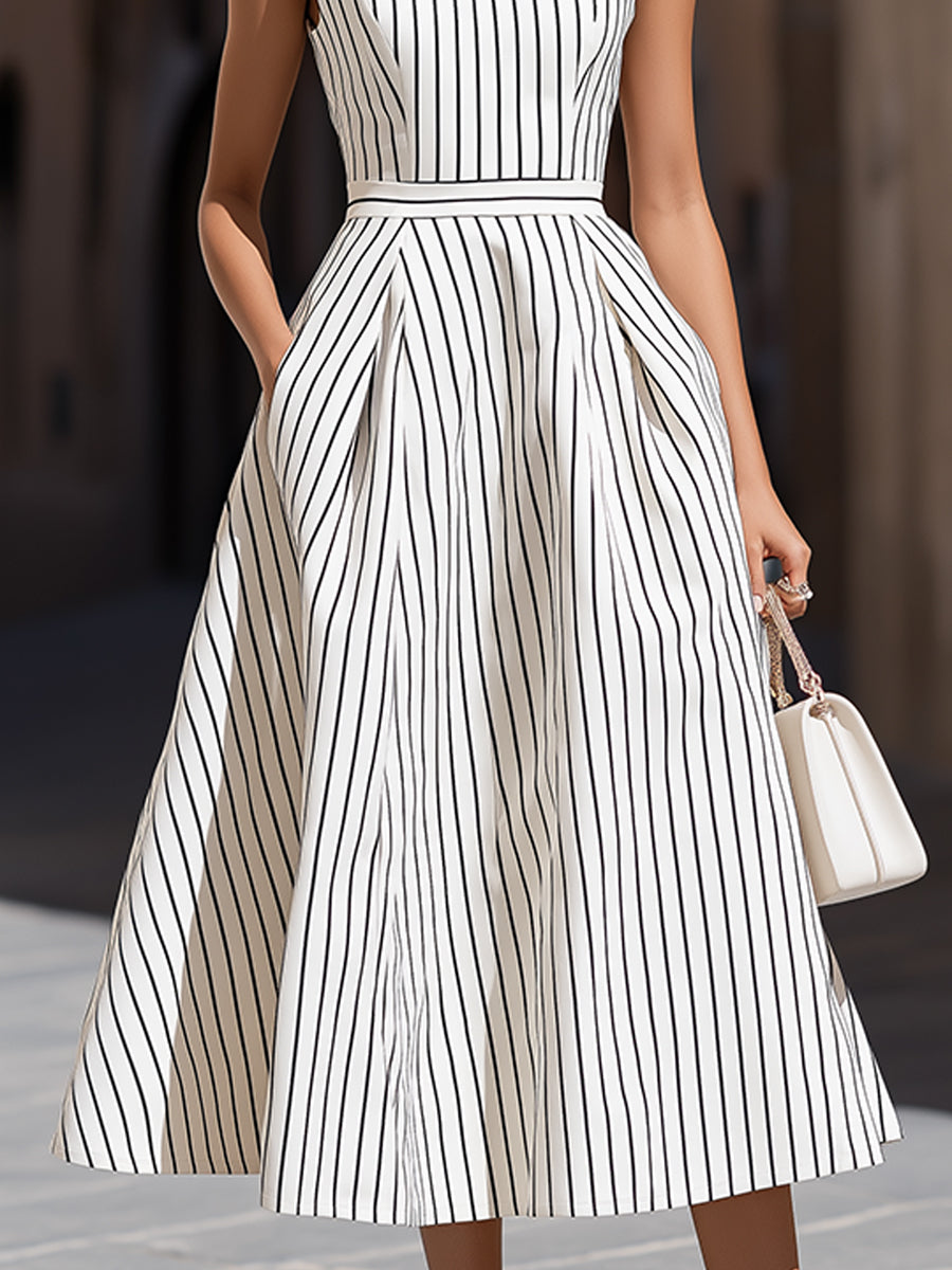 Olivia Bennet | Elegant Pinstripe High Neck Sleeveless Fit & Flare Midi Dress