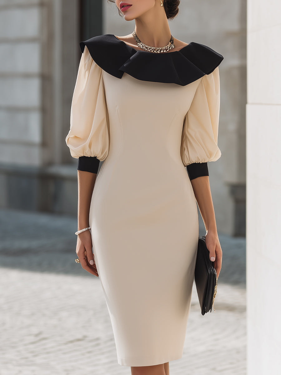 Olivia Bennet | Contrast Ruffle Collar Puff Sleeve Midi Dress