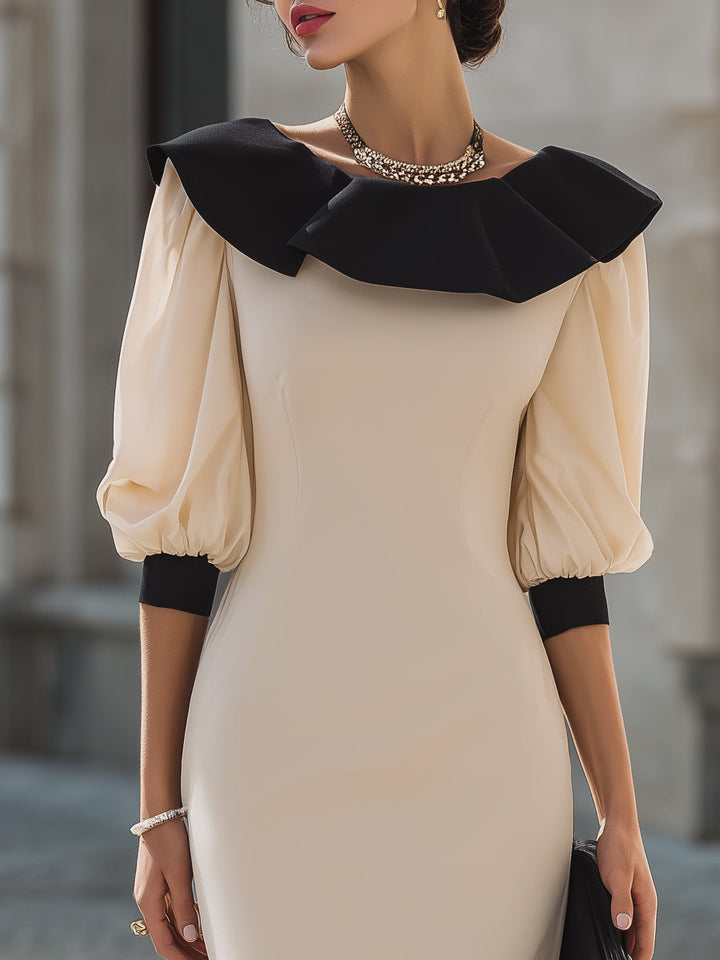 Olivia Bennet | Contrast Ruffle Collar Puff Sleeve Midi Dress