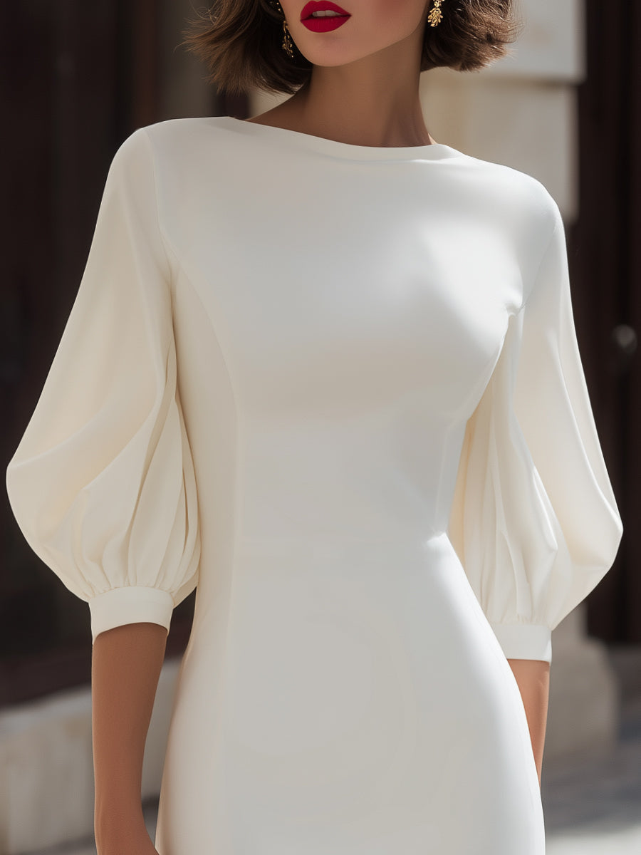 Olivia Bennet | Minimalist Puff Sleeve Tailored Midi Dress