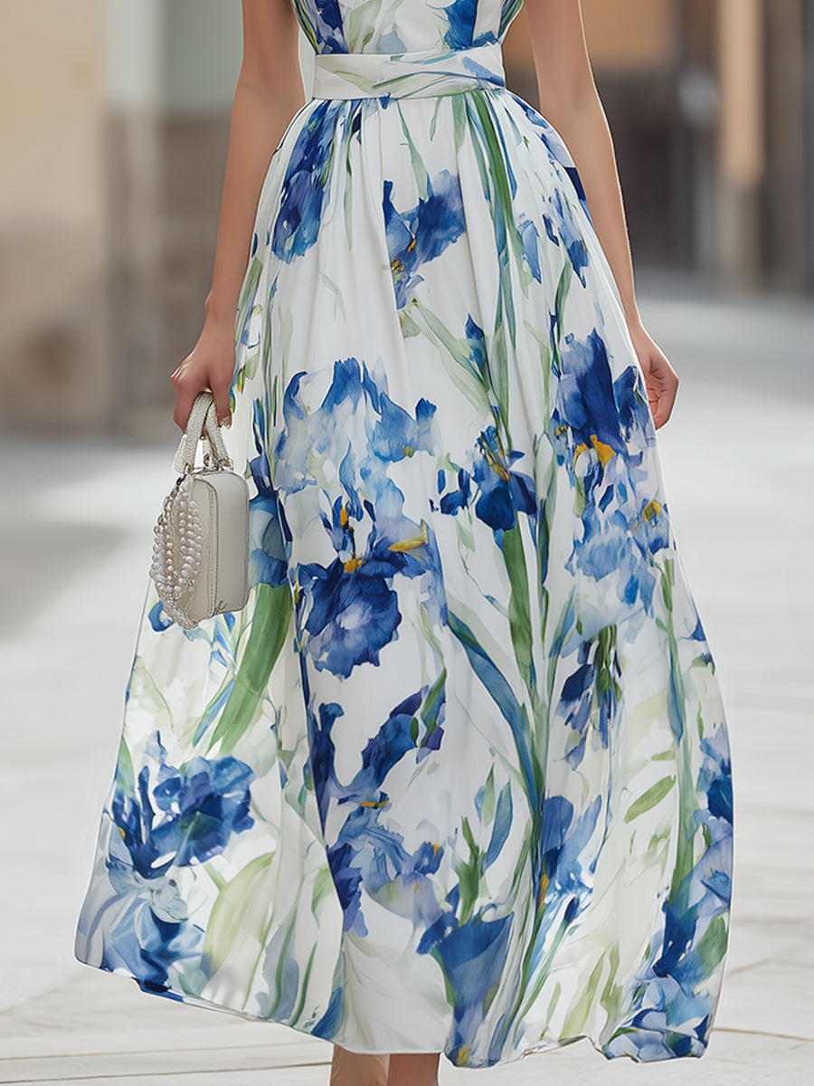 Olivia Bennet | Elegant Watercolor Iris Print Square Neck Maxi Dress