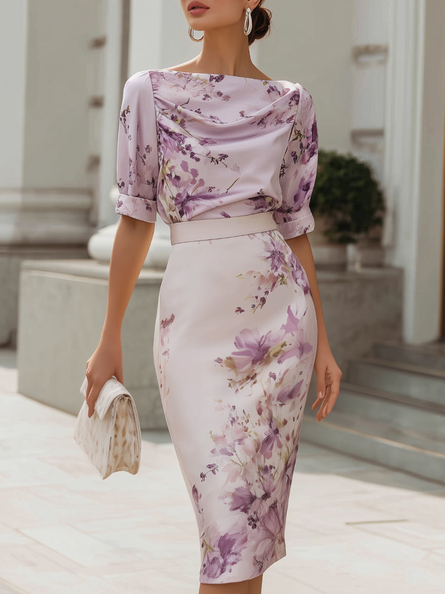 Olivia Bennet | Floral Print Draped Neck Structured Pencil Midi Dress