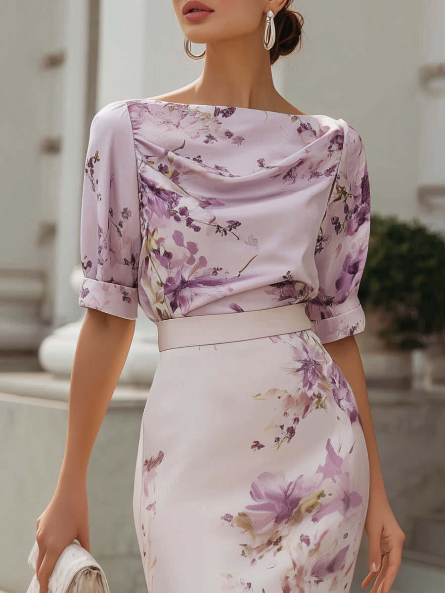 Olivia Bennet | Floral Print Draped Neck Structured Pencil Midi Dress
