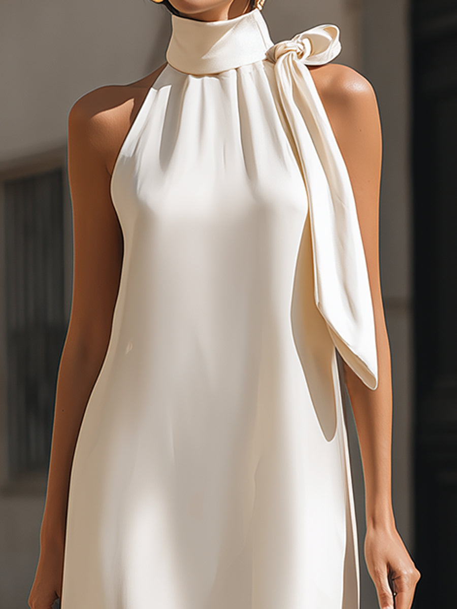 Olivia Bennet | Elegant Ivory Satin Halter Maxi Dress