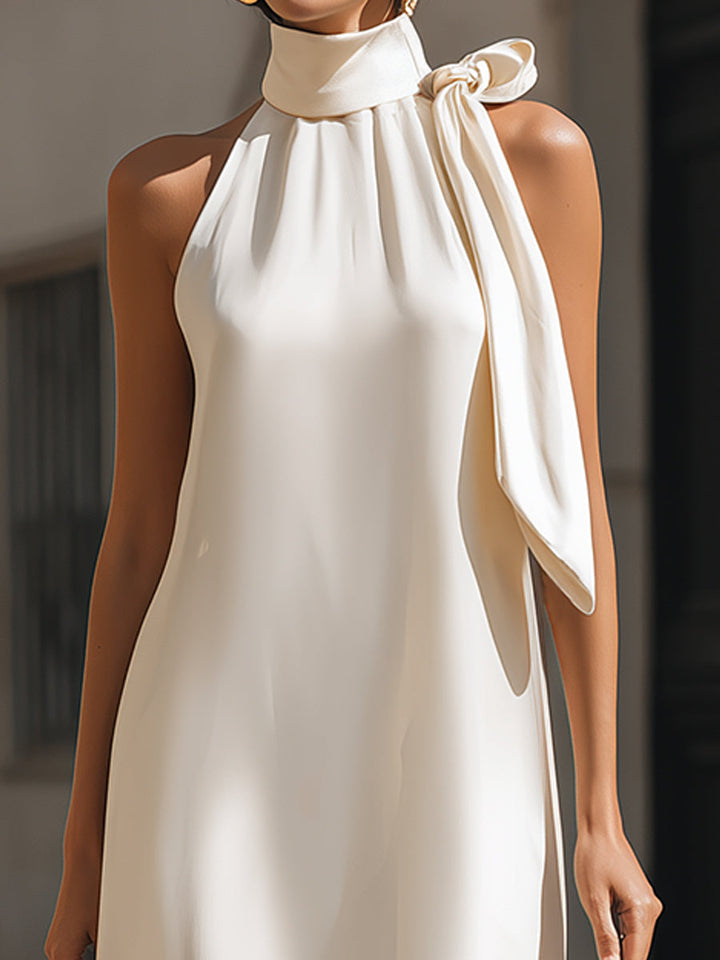 Olivia Bennet | Elegant Ivory Satin Halter Maxi Dress