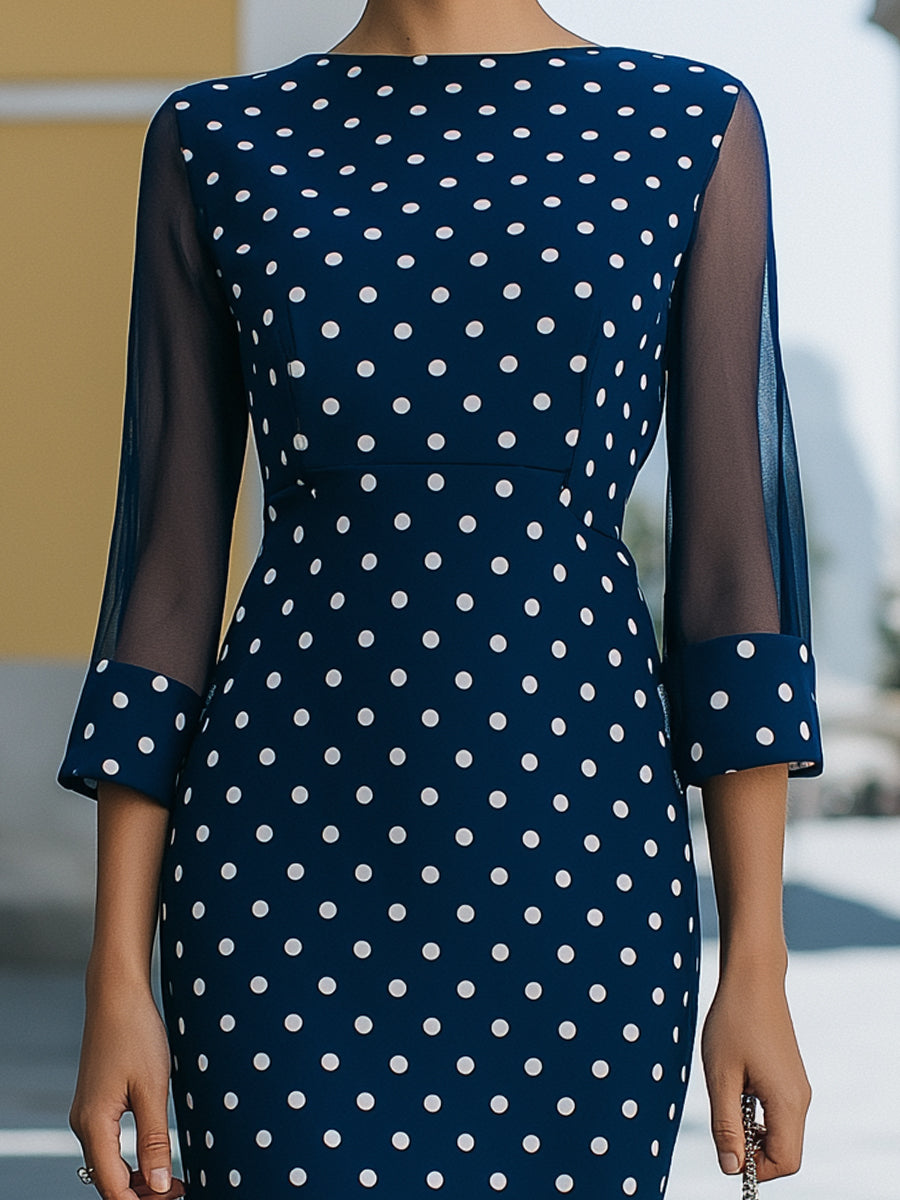 Olivia Bennet | Elegant Navy Blue White Polka Dot Mesh Sleeve Bodycon Midi Dress