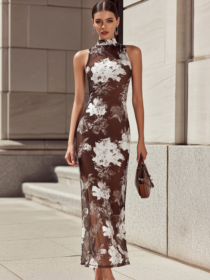 Olivia Bennet | Elegant Brown White Ink Floral Print Mesh Sleeveless Maxi Dress
