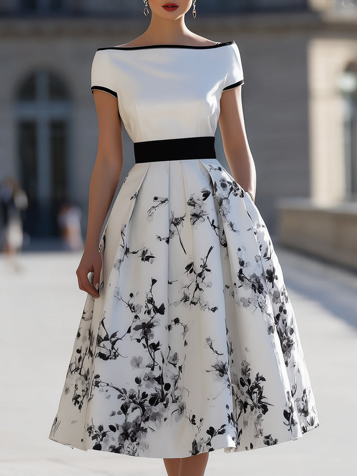 Olivia Bennet | Elegant White Black Ink Floral Print Boat Neck Flared Midi Dress