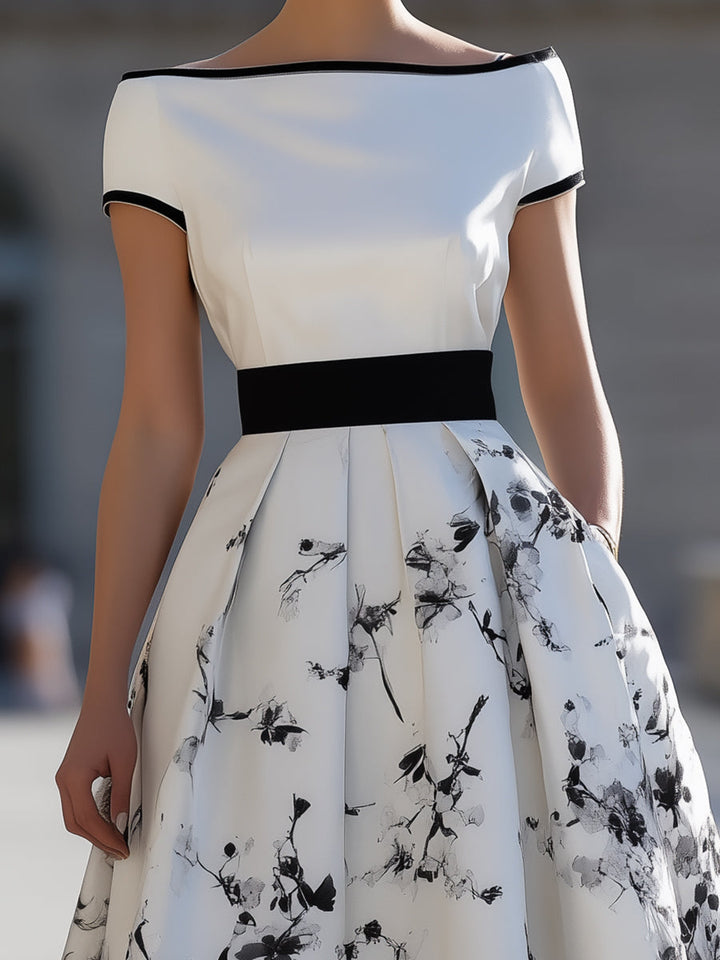 Olivia Bennet | Elegant White Black Ink Floral Print Boat Neck Flared Midi Dress
